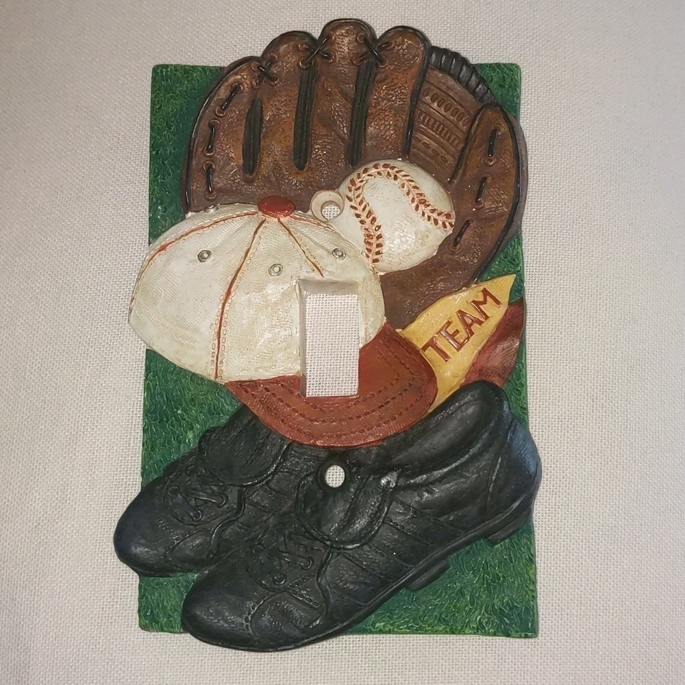 Baseball Light Switch Plate Cover. Hat/ ball and glove/ cleats.